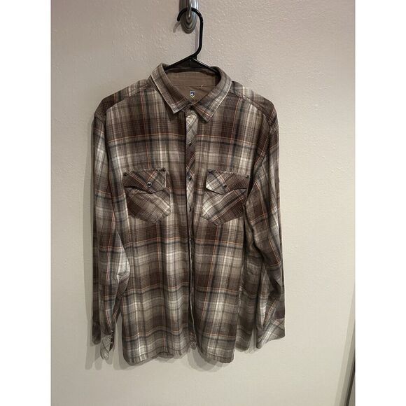 Kuhl Mens Lage Pearl Snap Flannel Shirt Lightweight Brown Plaid Western - Picture 1 of 7